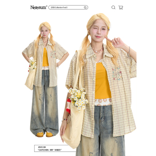 潮牌夏季 女美式 宽松慵懒休闲衬衣 衬衫 NERESUM字母刺绣格纹短袖