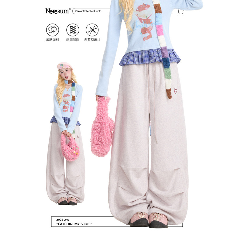 NERESUM卫裤女美式复古褶皱运动直筒长裤垂感百搭弯刀阔腿休闲裤,女装/女士精品,卫裤,淘宝优惠券,粉丝福利购,淘宝优惠卷