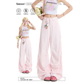 子 褶皱小众阔腿裤 NERESUM粉色牛仔裤 女甜美蕾丝蝴蝶结绑带休闲裤