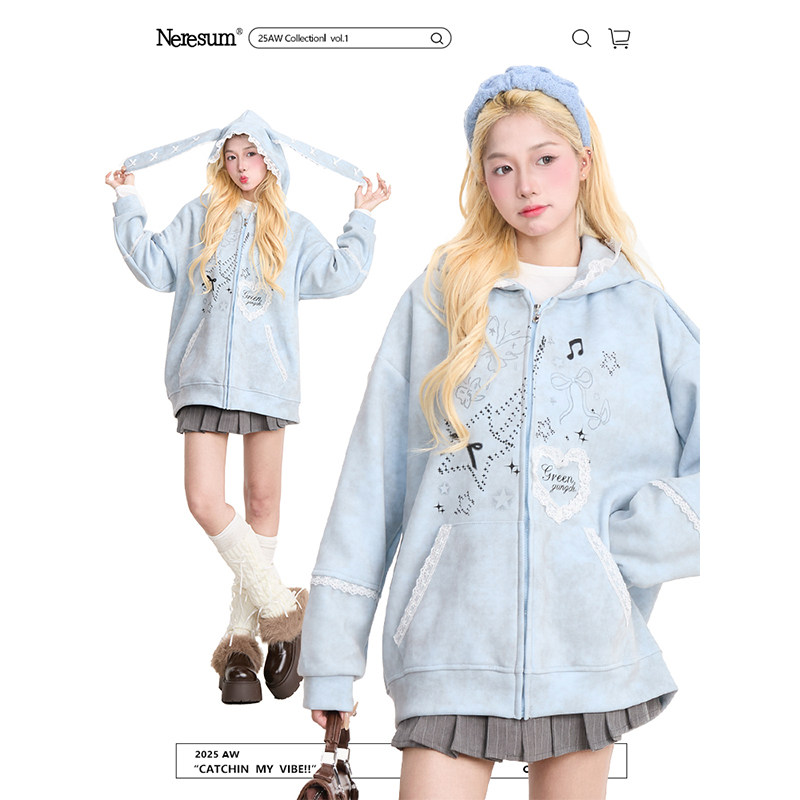 NERESUM甜美蕾丝兔耳连帽卫衣