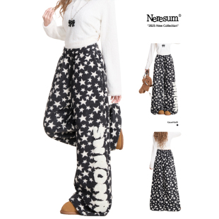 潮牌嘻哈宽松毛绒保暖阔腿休闲裤 女冬季 星星满印棉裤 NERESUM美式