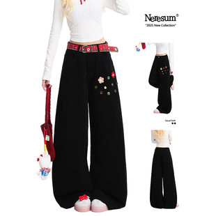 垂感百搭阔腿裤 NERESUM黑色裤 美式 裤 子女花卉纽扣秋冬宽松工装