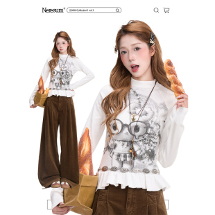 NERESUM趣味Kitty猫印花长袖T恤女甜美花边下摆百搭显瘦短款上衣