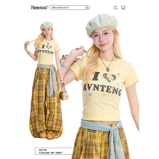 字母印花短袖 显瘦短款 T恤女新款 修身 休闲上衣 辣妹夏季 NERESUM美式