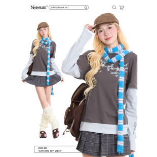 上衣T恤 复古设计感宽松美式 NERESUM星星印花假两件拼接长袖 秋季