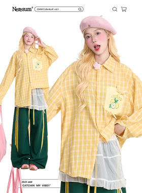 NERESUM柠檬印花格子长袖衬衫女潮牌慵懒风宽松秋季新款通勤衬衣