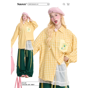NERESUM柠檬印花格子长袖衬衫女潮牌慵懒风宽松秋季新款通勤衬衣