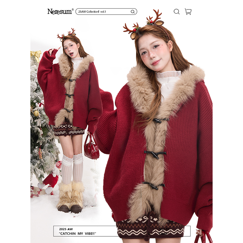 NERESUM美式大毛领连帽开衫毛衣