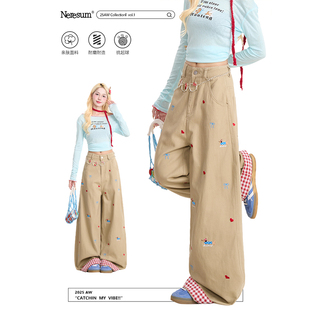 复古卷边显瘦休闲阔腿直筒裤 NERESUM腊肠狗刺绣裤 美式 裤 子女工装