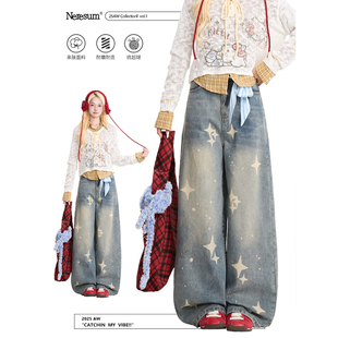 慵懒阔腿长裤 做旧水洗直筒裤 女美式 NERESUM复古星星印花牛仔裤