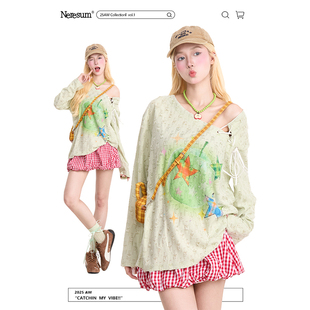 NERESUM手绘印花露肩绑带长袖 潮牌辣妹慵懒百搭宽松上衣 T恤女美式