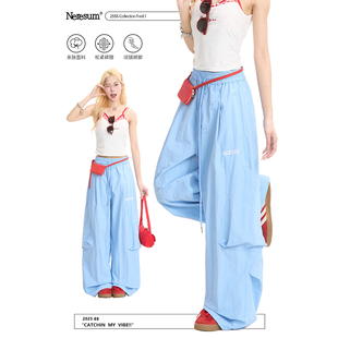轻薄阔腿显瘦裤 NERESUM蓝色休闲裤 裤 褶皱多口袋伞兵工装 子 女美式