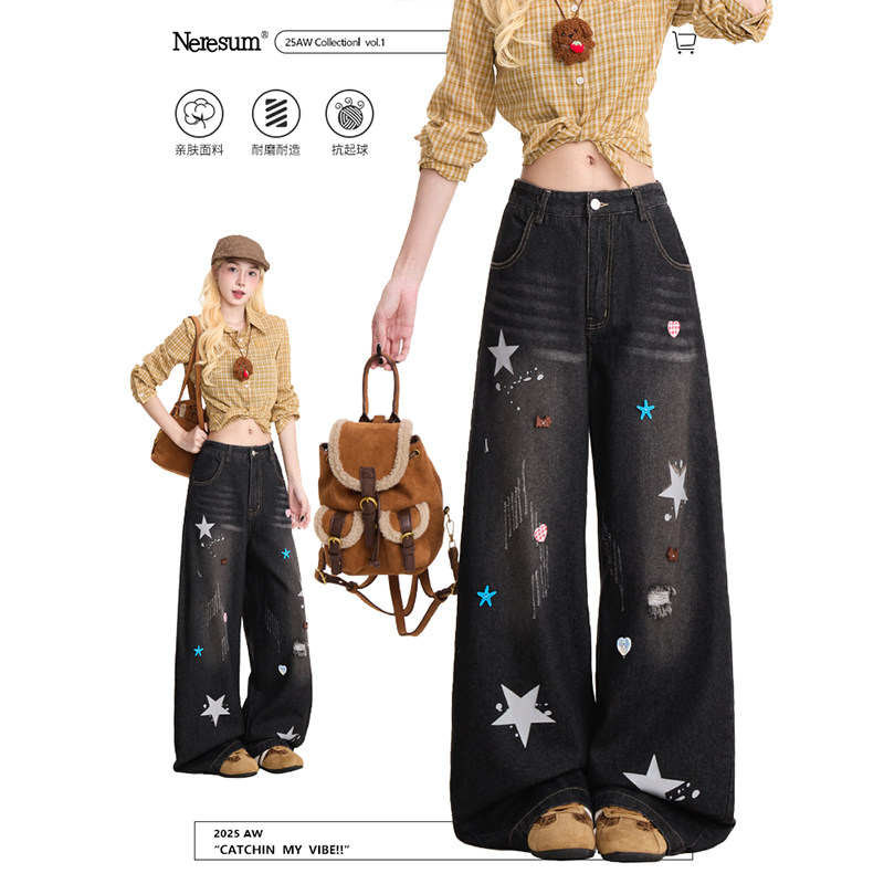 NERESUM秋冬新款牛仔裤女美式星星印花直筒裤设计感小众阔腿裤,女装/女士精品,牛仔裤,淘宝优惠券,粉丝福利购,淘宝优惠卷