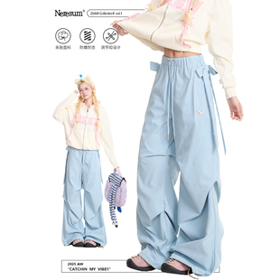 速干直筒运动裤 NERESUM美式 女潮牌褶皱伞兵裤 裤 子 蝴蝶结飘带工装