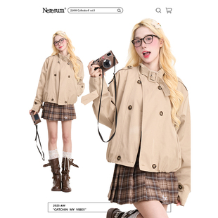 NERESUM外套女美式复古双排扣立领夹克秋冬季设计感百搭短款风衣