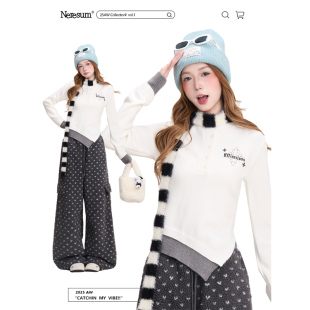 NERESUM假两件不规则下摆毛衣女秋冬美式 设计感复古显瘦针织衫