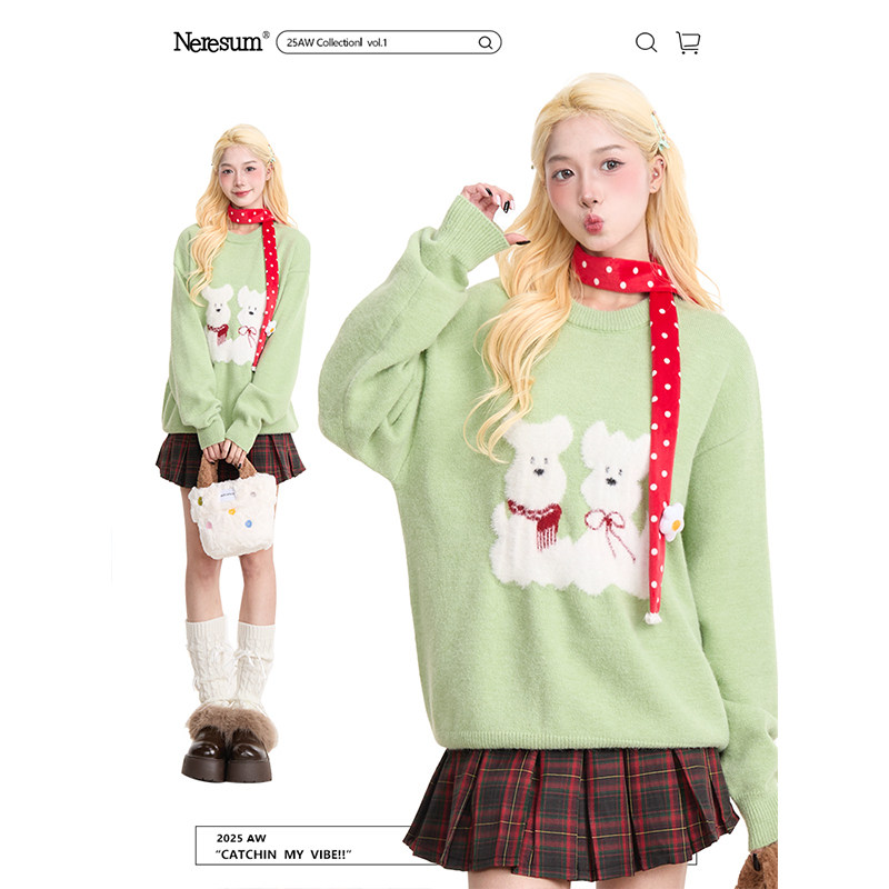 NERESUM可爱小狗提花套头毛衣女秋冬慵懒风宽松软糯百搭针织衫,女装/女士精品,毛衣,淘宝优惠券,粉丝福利购,淘宝优惠卷