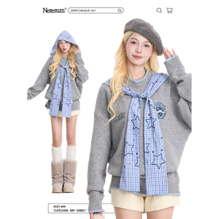 NERESUM学院风披肩套头毛衣女美式 秋冬保暖百搭圆领宽松针织上衣