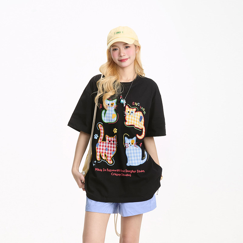thumbnail for NERESUM Fun Cartoon Cat Plaid Patch Short Sleeve T-Shirt Women's Lazy Loose Slimming Age-Reducing Casual Top