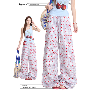 NERESUM满印波点裤子女春夏美式褶皱阔腿裤垂感宽松伞兵休闲裤