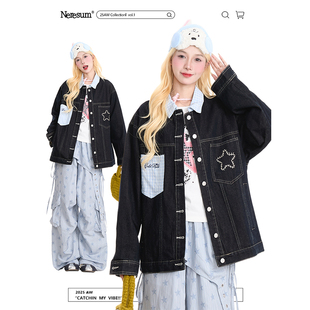 街头宽松Polo领开衫 美式 外套女秋季 NERESUM复古格纹拼接牛仔衬衫