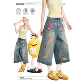 小众百搭短裤 复古夏季 女美式 NERESUM卡通刺绣小狗蓝色牛仔七分裤