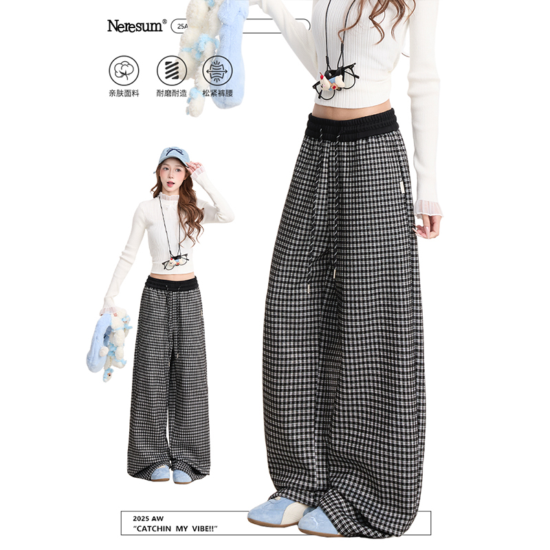 NERESUM复古格子加绒直筒卫裤