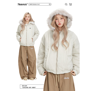 潮牌保暖休闲棉衣棉服 美式 NERESUM冬季 毛领连帽派克服女2024新款