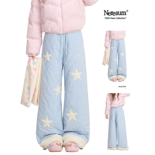 复古卷边保暖慵懒宽松直筒休闲裤 女冬季 星星加厚棉裤 NERESUM美式