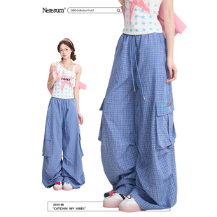褶皱宽松直筒休闲裤 NERESUM蓝色格子工装 复古垂感阔腿裤 女美式 裤