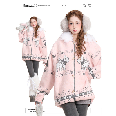 NERESUM甜美毛领连帽开衫毛衣