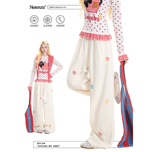 宽松百搭休闲裤 NERESUM蝴蝶结刺绣直筒裤 新款 潮牌阔腿长裤 女美式