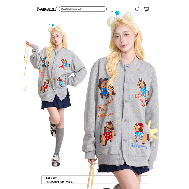 NERESUM卡通小马毛巾绣开衫夹克