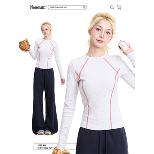 短款 NERESUM美式 复古修身 T恤女秋季 运动打底上衣 撞色哈苏线长袖