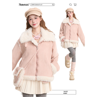 NERESUM甜美羊羔绒翻领棉衣女冬季麂皮绒加厚高级感短款棉服外套