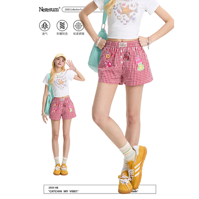 NERESUM可爱印花格子休闲超短裤