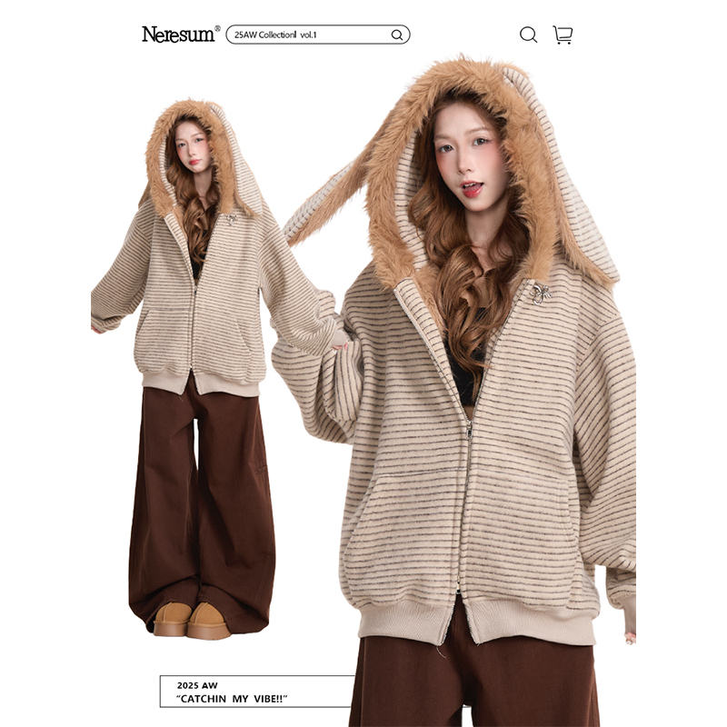 NERESUM条纹兔耳连帽开衫卫衣
