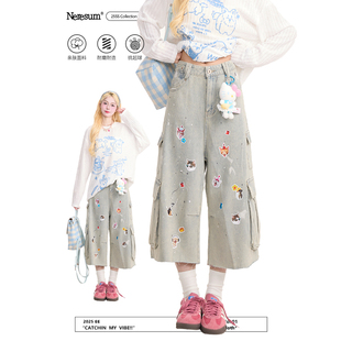 短裤 复古多口袋宽松工装 女美式 NERESUM趣味猫咪印花七分牛仔裤