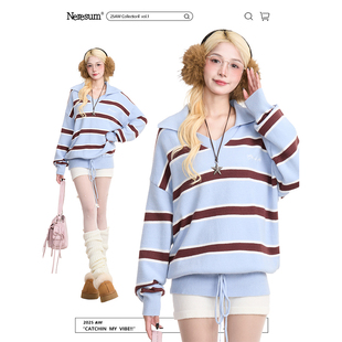 NERESUM学院风条纹撞色翻领毛衣女美式 复古高级感秋冬针织上衣