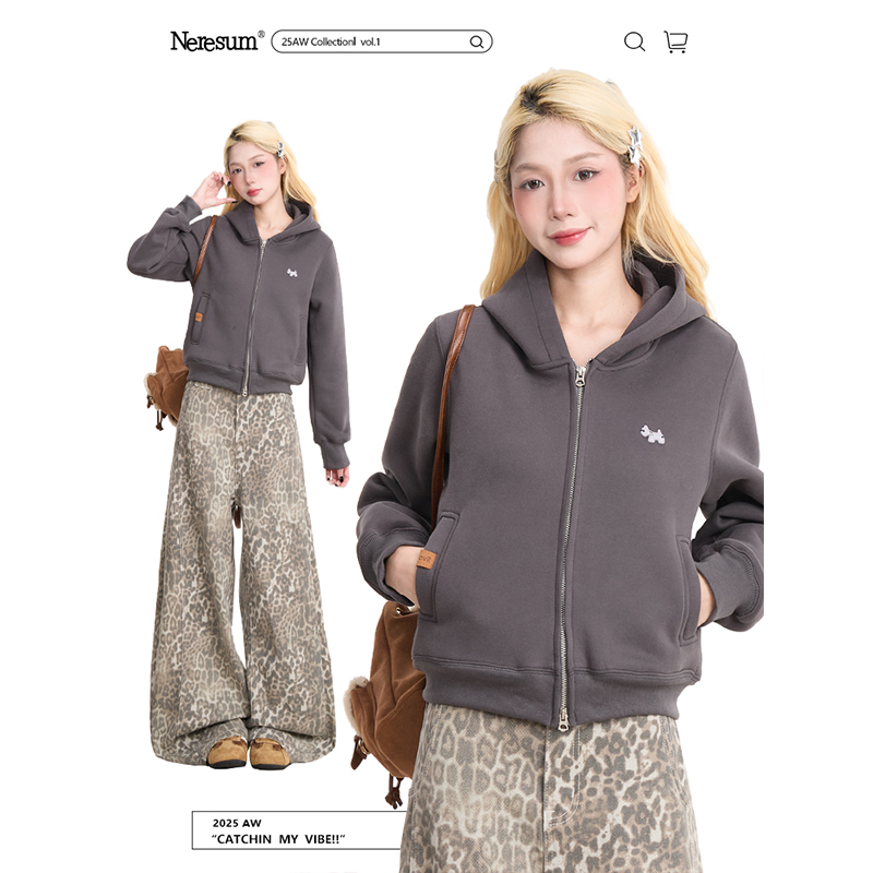 NERESUM美式双拉链短款开衫卫衣