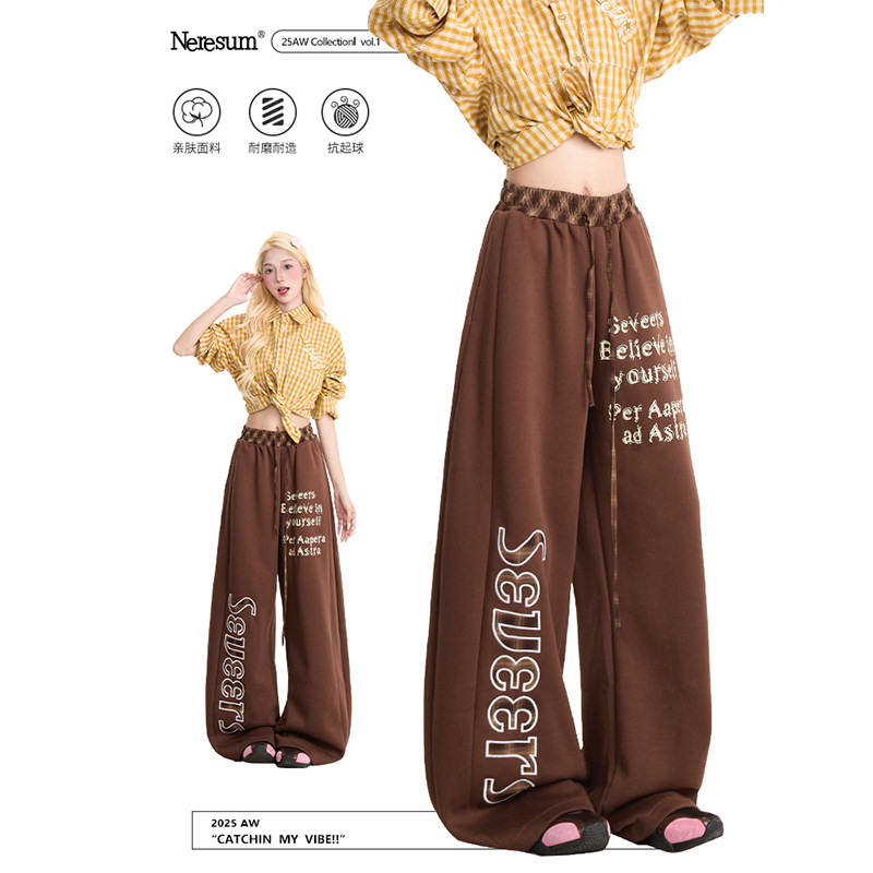 NERESUM复古字母刺绣卫裤女慵懒风休闲阔裤美式潮牌运动直筒裤子,女装/女士精品,卫裤,淘宝优惠券,粉丝福利购,淘宝优惠卷