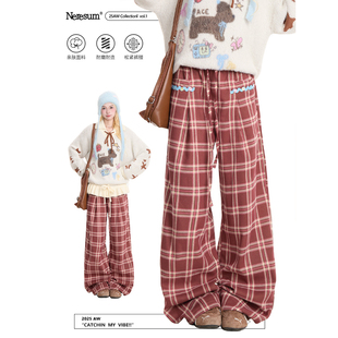 NERESUM红色格子裤阔腿裤女复古高街宽松休闲裤新款慵懒拖地长裤
