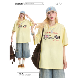 减龄美式 女新款 oversize上衣T恤 短袖 NERESUM趣味格纹猫咪贴布夏季