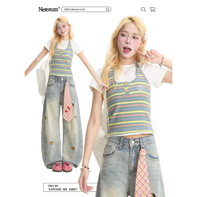 NERESUM彩色条纹挂脖吊带背心