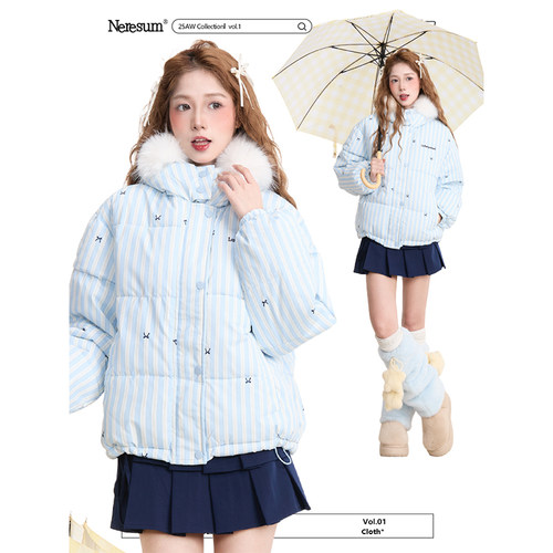NERESUM甜美蝴蝶结条纹毛领棉服