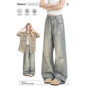 子宽松直筒水洗做旧阔腿裤 复古星星印花裤 女美式 NERESUM牛仔裤