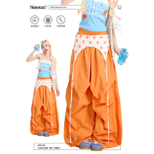 NERESUM美式叠穿工装裤女潮牌复古褶皱阔腿裤设计感多巴胺裤子