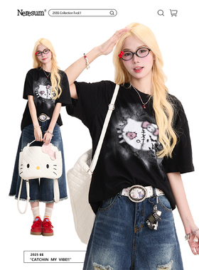 NERESUM卡通Kitty猫印花黑色短袖女美式潮牌新款宽松半袖上衣T恤