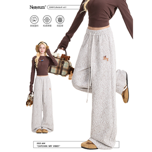 小众阔腿休闲裤 潮牌宽松直筒裤 女美式 NERESUM小香风人字纹卫裤