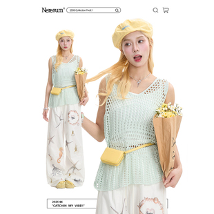 NERESUM薄荷绿镂空钩花背心女2025小众设计感波西米亚风吊带上衣